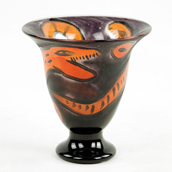 A Kosta Boda Painted Glass Footed Vase.: A Kosta Boda Painted Glass Footed Vase. Painted snake and circle forms throughout. Signed 'Kosta Boda Atelier 33735890081350' along with an illegible signature on underside Height: 4.5"