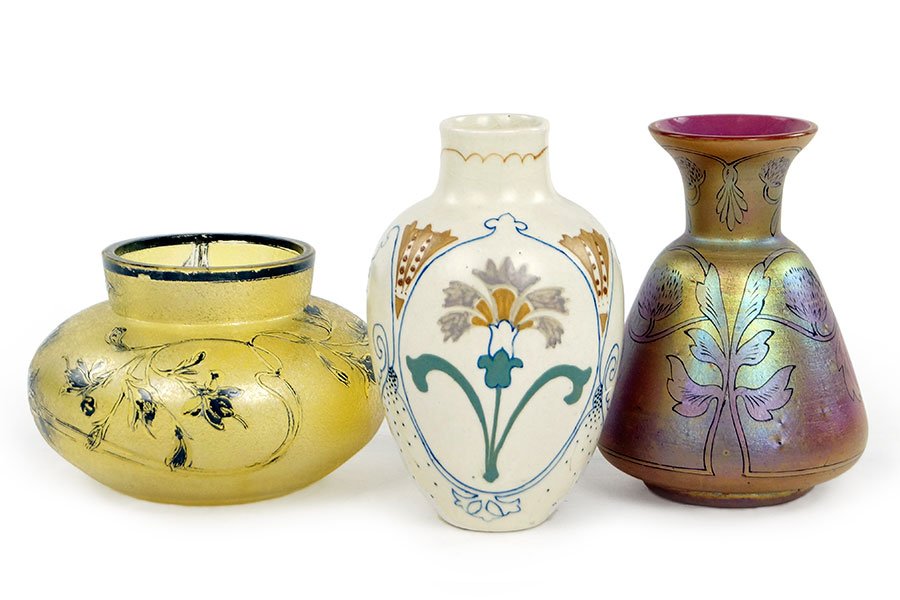 A French Faience Vase.: A French Faience Vase. Decorated with thistle. Together with an iridescent glass bottle vase decorated with flowers, and an iridescent squat bowl / vase with applied decoration Faience vase: 5.5"