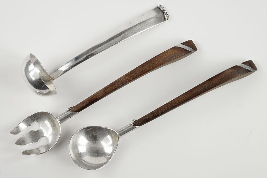A Mexican Sterling Silver and Wood Salad Serving Set. (1 of 1)