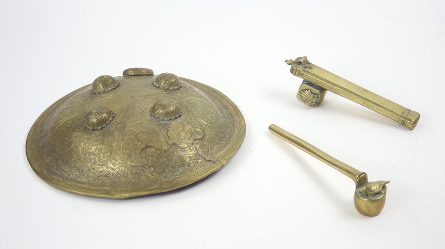 Two Turkish Brass Traveling Pen / Inkwell Cases. (1 of 3)