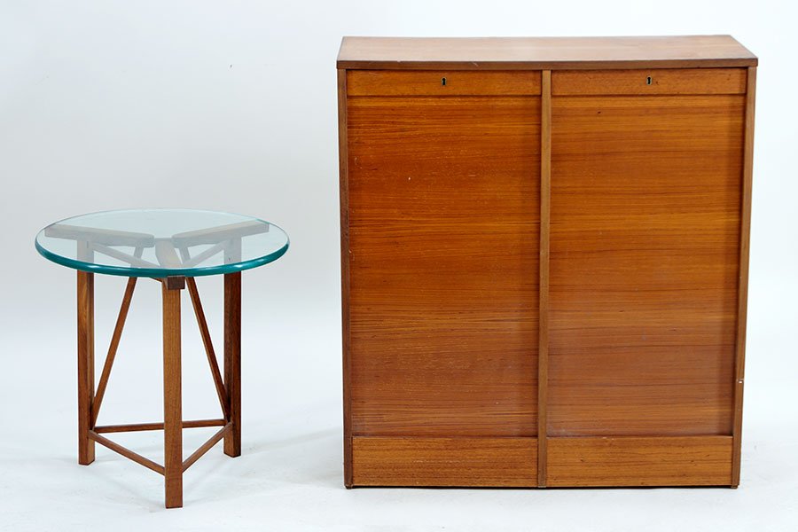 A Danish Modern Music Cabinet.: A Danish Modern Music Cabinet. With two vertical tambour doors. Together with a teak and glass occasional table (22" x 22") H: 38" W: 35" D: 15"