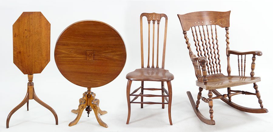 Two Flip Top Tea Tables.: Two Flip Top Tea Tables. Together with a side chair and rocking chair both inlaid with mother of pearl and marquetry Rocking Chair Height: 38"