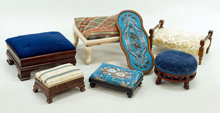 A Victorian Beaded Footstool.: A Victorian Beaded Footstool. Together with five footstools and a Victorian beaded panel Footstool: 4" x 12" x 9"