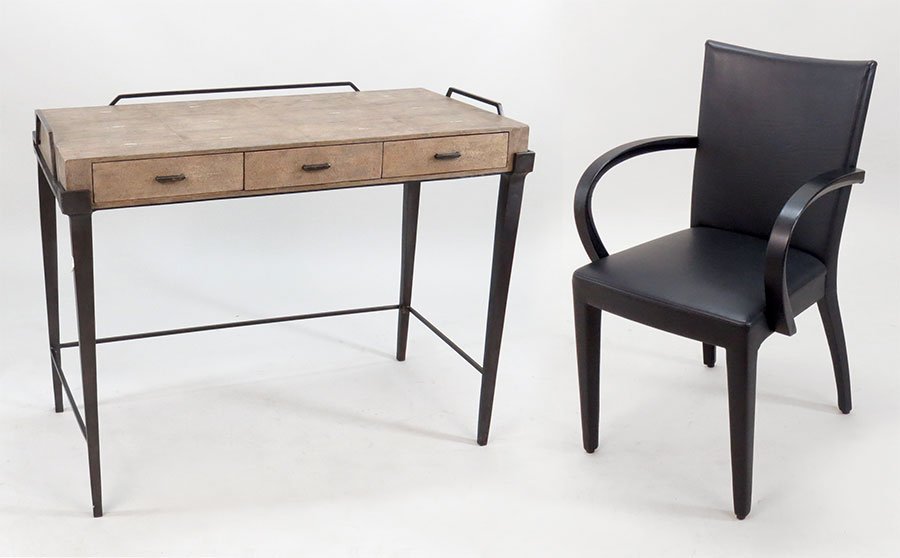 A French Shagreen and Metal Desk.: A French Shagreen and Metal Desk. Labeled "R&Y Augousti, Paris" underneath. Together with a black leather open armchair Desk: 32" x 41" x 21"
