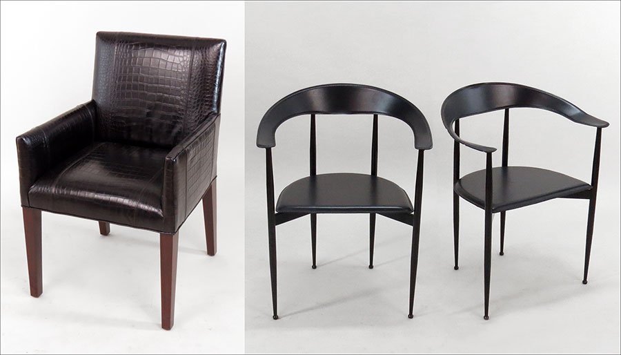 A Ralph Lauren Embossed Leather Chair.: A Ralph Lauren Embossed Leather Chair. Together with a pair of black leather and metal open armchairs
