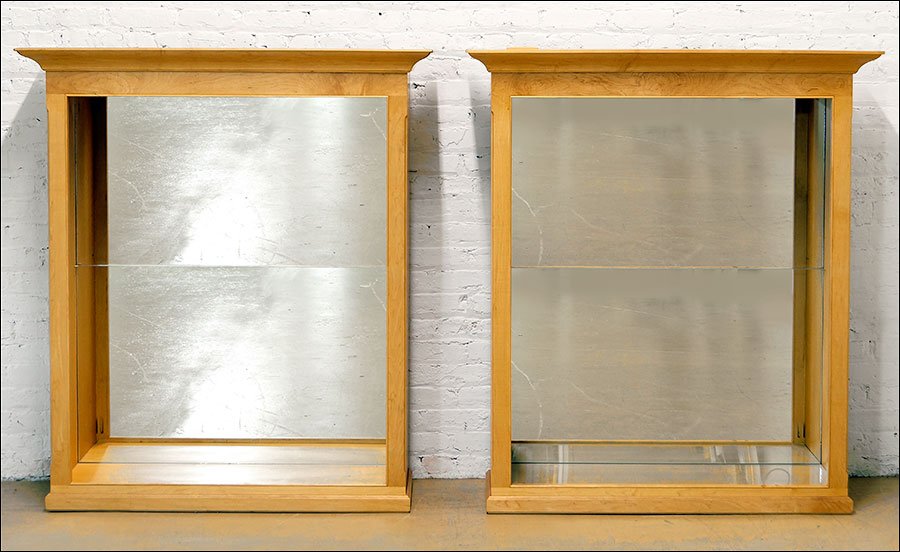 A Pair of Wall Mount Wood Cabinets.: A Pair of Wall Mount Wood Cabinets. Mirrored back. One shelf 54" x 48" x 15.5"