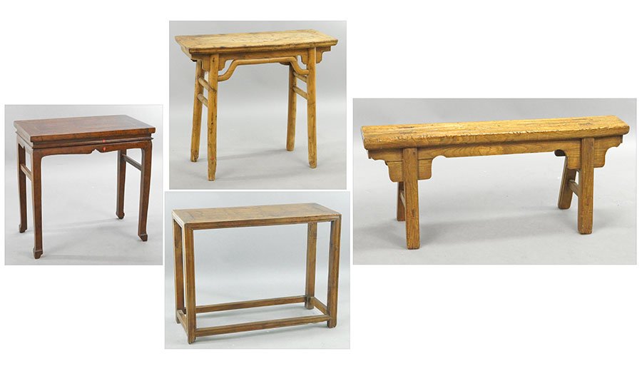 A Group of Three Chinese Tables.: A Group of Three Chinese Tables. Together with a Chinese garden banch (20.5" x 49" x 7.5"). Tables comprise an altar table (32" x 36" x 13.5), and two console tables (larger: 33.5" x 43.5" x 17")