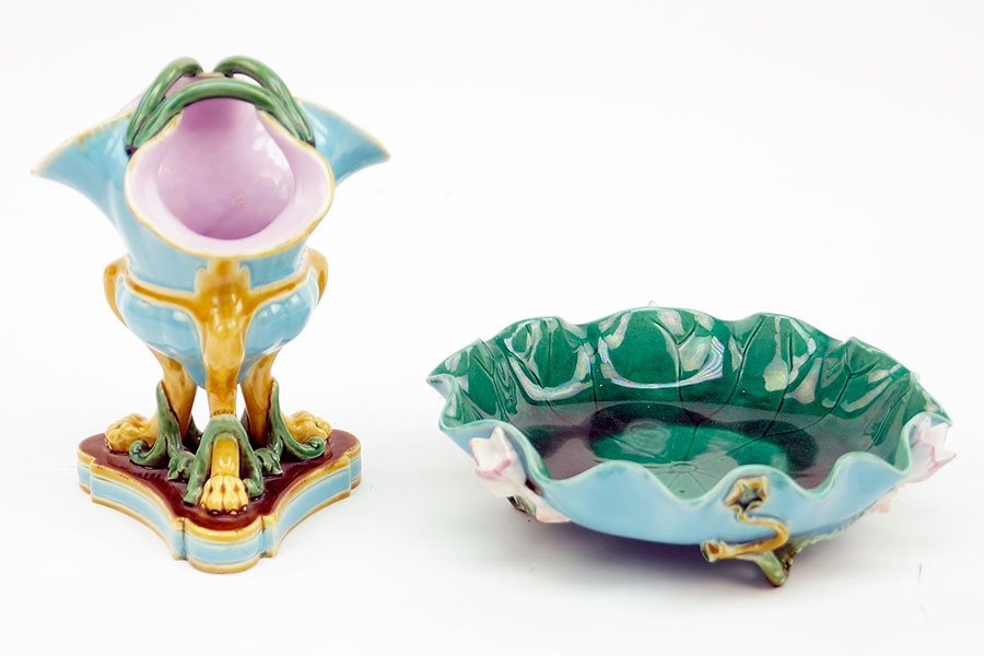A Minton Majolica Footed Vase.: A Minton Majolica Footed Vase. Vase rim is molded into three sections. Base is marked 730. Together with a Minton lily pad dish. Dish is raised on three flower stem feet and is numbered 1589 on unders