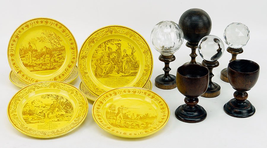 A Collection Of Four Decorative Finials.: A Collection Of Four Decorative Finials. Together with two wooden chalices and six yellow faience plates Tallest Finial: 8"