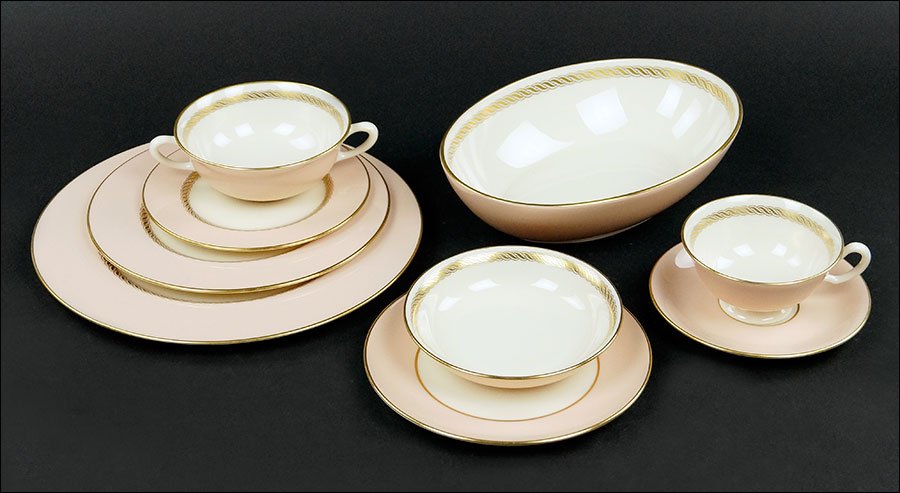 A Lenox Porcelain Partial Dinner Service.: A Lenox Porcelain Partial Dinner Service. In the Caribbee pattern. Comprising twelve dinner plates, twelve salad plates, twelve bread plates, twelve dessert plates, twelve teacups and saucers, twelve 