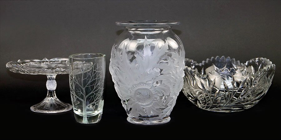 A Verlys Frosted And Clear Glass Sunflower Vase.: A Verlys Frosted And Clear Glass Sunflower Vase. Together with an Ekena's Sweden flower vase, a footed cake server with thistle decoration, and a brilliant cut glass bowl Vase Height: 9"