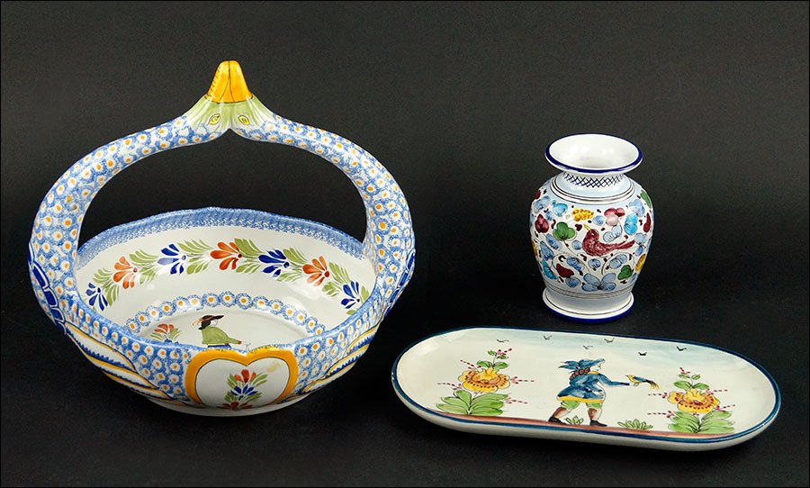 A Group Of Three Faience Table Items.: A Group Of Three Faience Table Items. Comprising a Portuguese tray, a Deruta vase, and an Henriot Quimper basket Basket Height: 11.5"