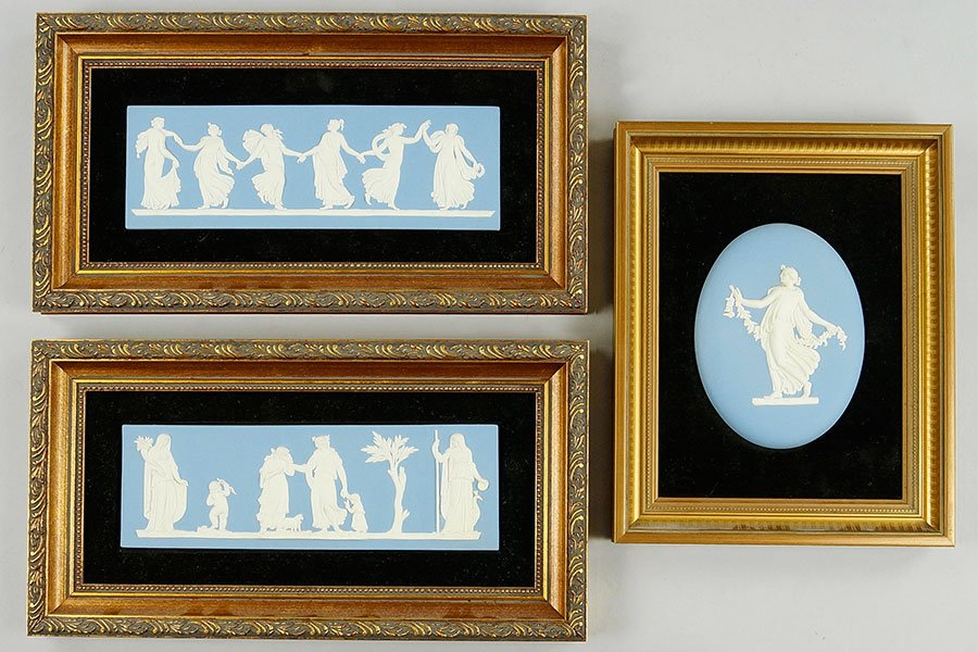 A Group Of Three Wedgwood Jasperware Framed Plaques.: A Group Of Three Wedgwood Jasperware Framed Plaques. Comprising 'Dancing Hours', 'Maternal Affection', and an oval plaque depicting a maiden dancing Largest: 6.75" x 12.75"