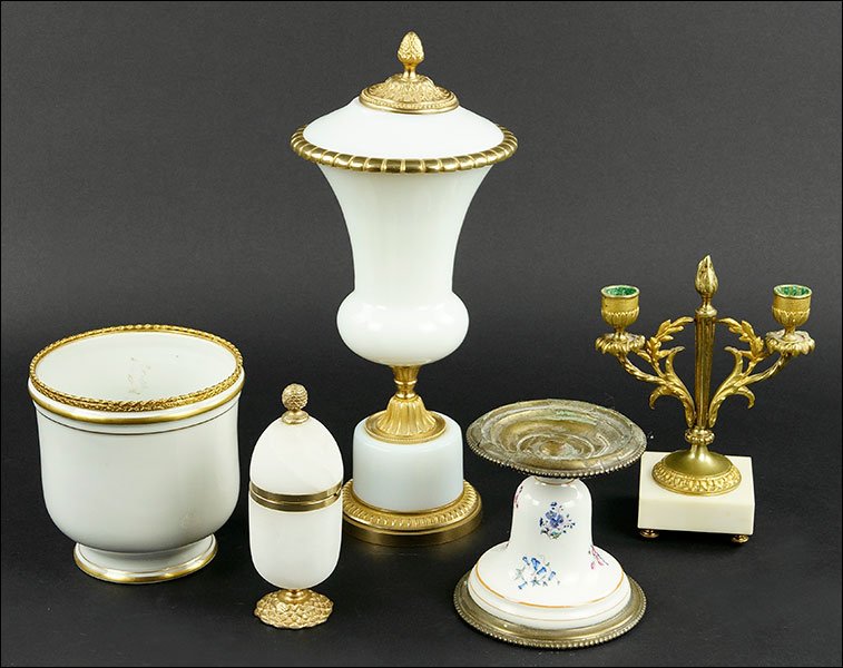 An Opaline Glass Covered Urn.: An Opaline Glass Covered Urn. Bearing gilt decoration. Together with a porcelain and metal stand, a porcelain cache pot, a goldtone candelabra, and a stone and goldtone desk item Urn Height: 14.5"
