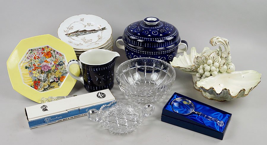 A Collection Of Ten Limoges Fish Plates.: A Collection Of Ten Limoges Fish Plates. Together with an Arabia Finland covered bowl and water pitcher, a Waterford letter opener, a Waterford magnifying glass, a brilliant cut glass ashtray and bowl