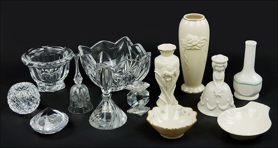 A Collection of Decorative Items.: A Collection of Decorative Items. Comprising a Waterford crystal votive, a Baccarat crystal bowl, two Lenox vases, one Goebel bell, one Dudson vase, one Ironstone dish, one Lenox dish, and other