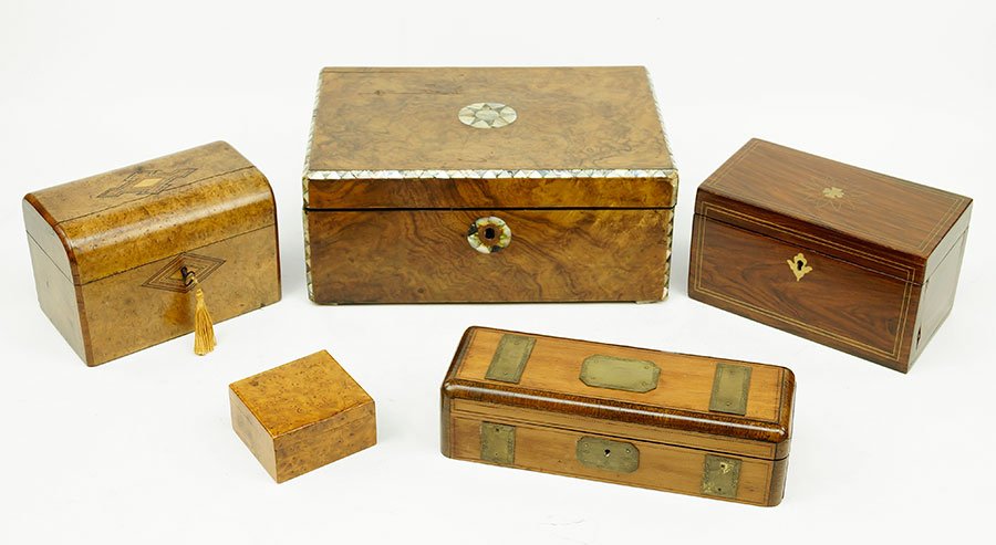 A 19th Century English Burl Wood Lap Desk.: A 19th Century English Burl Wood Lap Desk. Together with two English mahogany tea caddies, a glove box, and a burl wood box Lap Desk: 6" x 14" x 9.5"