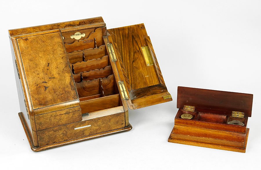 An English Burl Mahogany Letter Rack.: An English Burl Mahogany Letter Rack. Letter rack is labeled 'Org & Co. Makers 107 London'. Together with an English mahogany inkwell Letter Rack: 13" x 13" x 10"