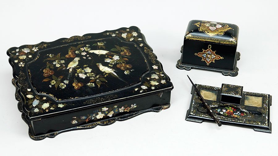 A Victorian Papier Mache Lap Desk.: A Victorian Papier Mache Lap Desk. Exterior is painted and gilt and bears inlaid abalone. Together with an ink stand lacking ink wells and a tea caddy Lap Desk: 4" x 15" x 11"