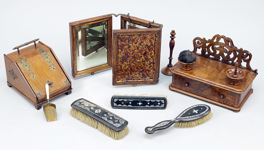A Victorian Burl Mahogany Sewing Stand.: A Victorian Burl Mahogany Sewing Stand. Together with three abalone inlaid brushes, a sugar caddy, and a three panel shaving mirror Sewing Stand: 7.5" x 10" x 6"