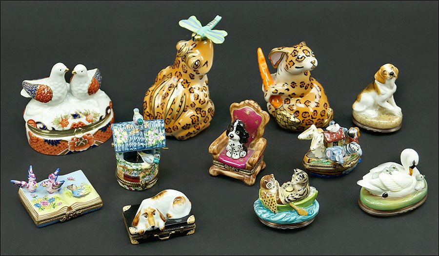 A Collection Of Five Limoges Porcelain Boxes.: A Collection Of Five Limoges Porcelain Boxes. Together with four porcelain boxes and two porcelain figures