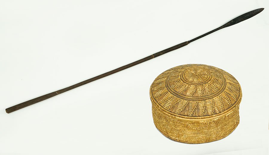 An African Spear.: An African Spear. Together with an African woven basket Spear: 48"