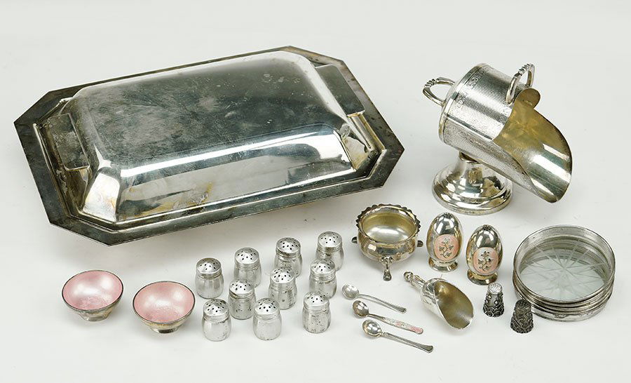 A Pair Of Sterling Silver And Enamel Salt Cellars.: A Pair Of Sterling Silver And Enamel Salt Cellars. Together with two sterling silver and enamel pepper pots, five sterling silver and etched glass coasters, and various metal and silverplate table ite