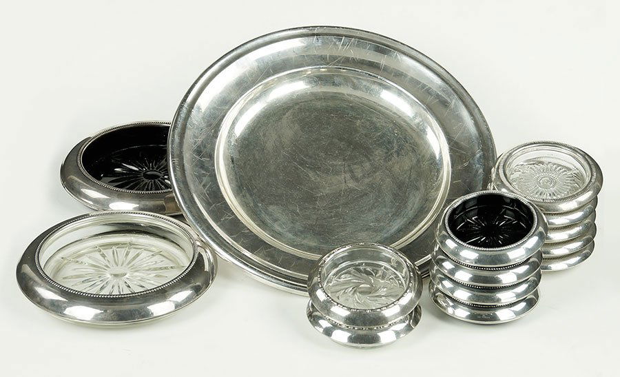 A French Christofle Silverplate Round Dish.: A French Christofle Silverplate Round Dish. Together with two sterling silver rimmer bottle coasters, six sterling silver rimmer coasters, and five silverplate rimmed coasters