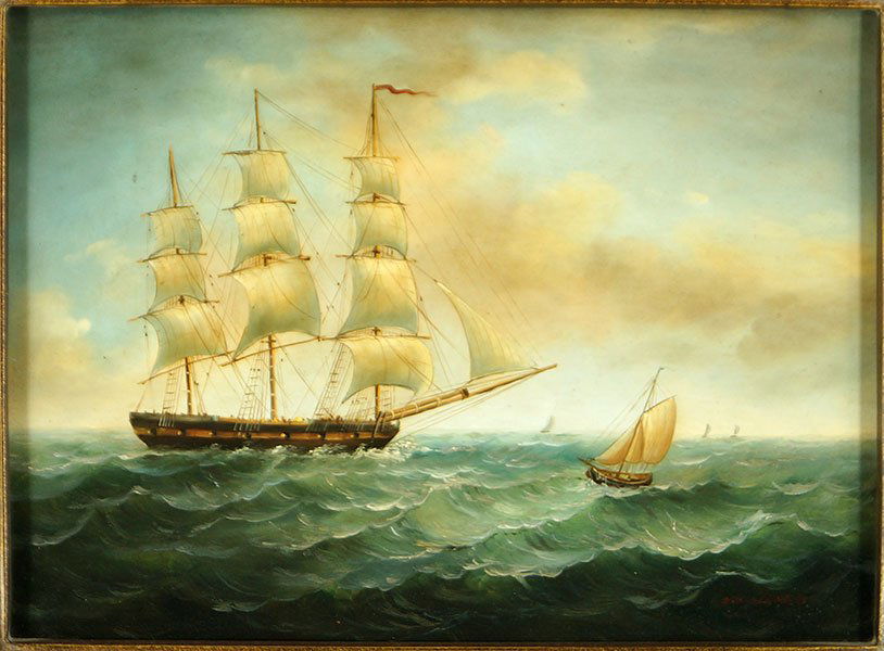 Decaluwe (20th Century) Clipper Ship.: Decaluwe (20th Century) Clipper Ship. Oil on board, signed 'Decaluwe G' LR Sight: 12" x 16" Frame: 20.5" x 24.5"