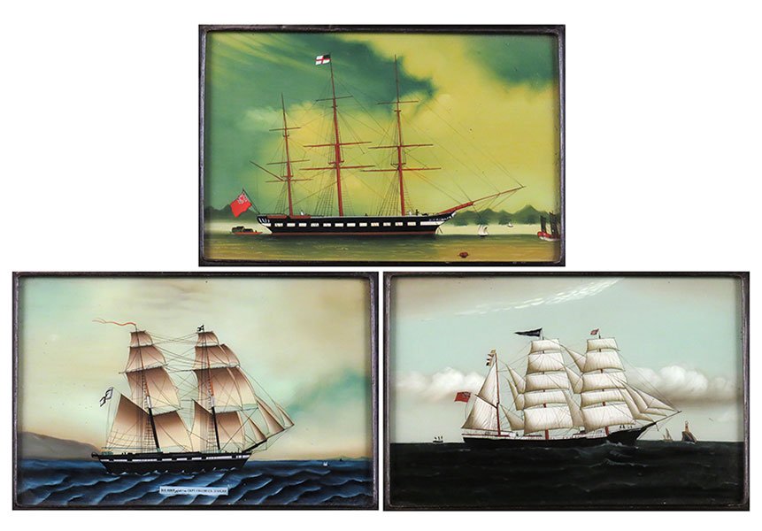 A Group Of Three Reverse Paintings On Glass.: A Group Of Three Reverse Paintings On Glass. Depicting clipper ships Sights: 12" x 18.5" Frames: 14" x 20.5"