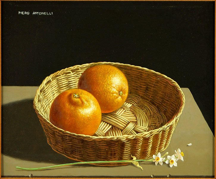 Piero Antonelli (1916-1990) Two Oranges In Basket.: Piero Antonelli (1916-1990) Two Oranges In Basket. Oil on board. Signed "Piero Antonelli" UL Board: 10" x 12"