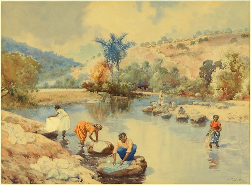 Emile Ralambo (1879-1963) The Washer Women.: Emile Ralambo (1879-1963) The Washer Women. Watercolor on paper. Signed and dated "E. Ralambo 1939" LR Sight: 9" x 12"