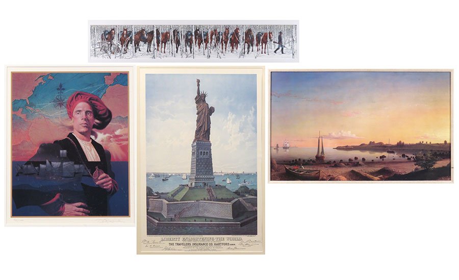 A Collection of Decorative Framed Items.: A Collection of Decorative Framed Items. Comprising a Bev Doolittle pencil signed print of soldiers, a pencil signed print of Columbus by Mark English, a seascape print, and a print of the Statue of L