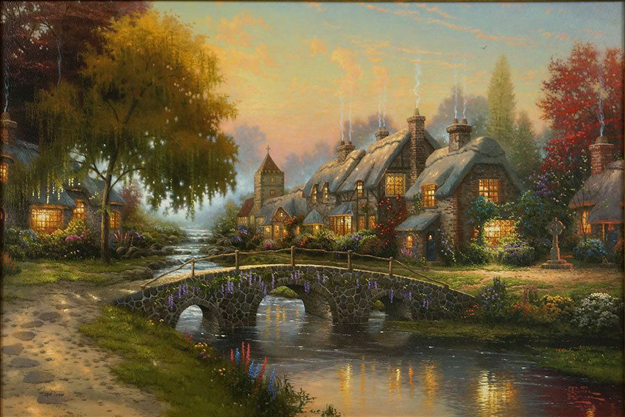 Thomas Kinkade (American, B. 1958-2012) Cobblestone: Thomas Kinkade (American, B. 1958-2012) Cobblestone Bridge. Giclee on canvas, signed within the print LR and numbered 2841/2950 LL Frame: 36" x 26.5" Site: 28" x 25" x 17.5"