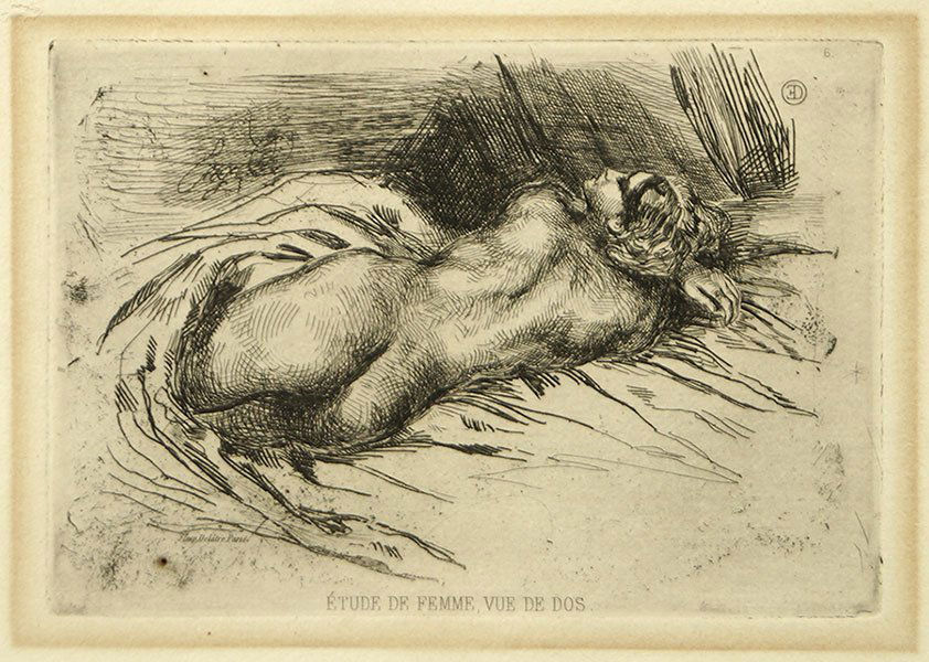 Eugene Delacroix (French, 1798-1863) Etude de Femme Vue: Eugene Delacroix (French, 1798-1863) Etude de Femme Vue de Dos. Etching on paper, 1833. Bearing artist's ciper in UR corner. Unframed Sheet: 12" x 13.5"