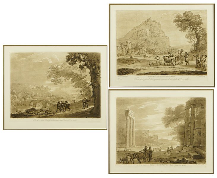 After Claude Lorrain (19th Century) Three Etchings.: After Claude Lorrain (19th Century) Three Etchings. Each from an original drawing in the collection of The Duke of Devonshire. All three are matted and framed uniformly Frame: 17" x 18"