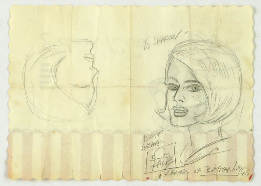 Bob Kane (American, 1915-1998) Portrait of Sharon.: Bob Kane (American, 1915-1998) Portrait of Sharon. Pencil sketch on the reverse of a menu. Dedicated and signed "To Sharon - Best Wishes, Bob Kane, Creator of Batman, 1966" Sheet: 10" x 14"
