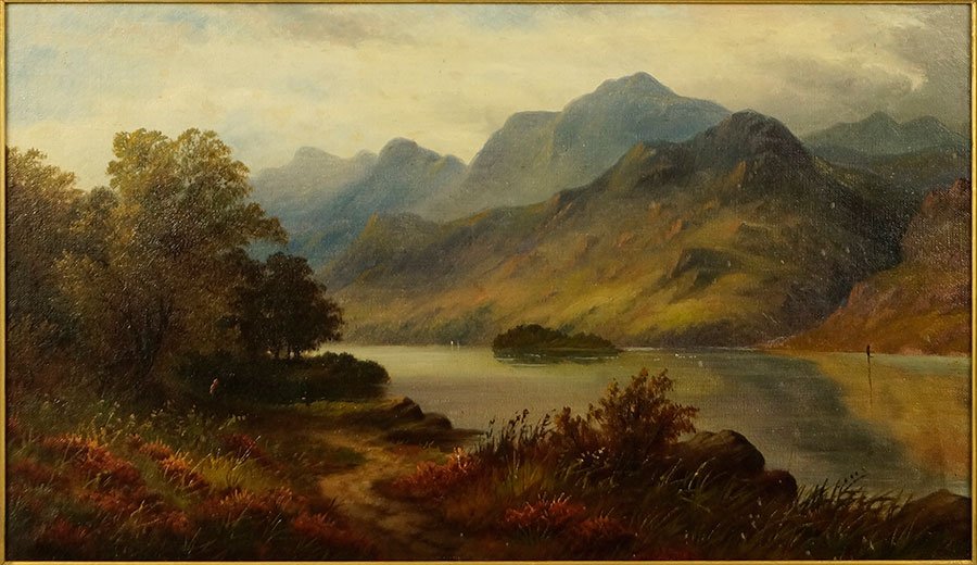 David Mackenzie (1800-1875) Mountain View Landscape.: David Mackenzie (1800-1875) Mountain View Landscape. Oil on canvas, signed LL Sight: 23.5" x 13" Frame: 29.5" x 20"