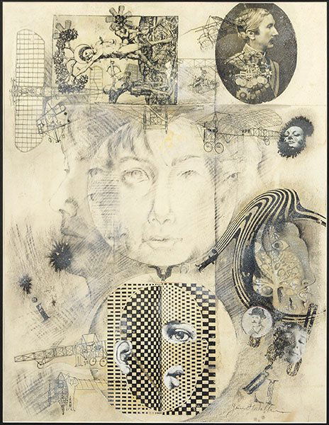 John Walker (20th Century) Untitled with Airplanes.: John Walker (20th Century) Untitled with Airplanes. Mixed media collage on paper, pencil signed LR Sight: 27" x 21" Frame: 35" x 29"