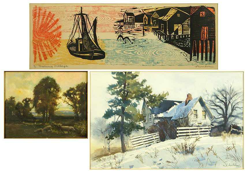Phil Austin (American, 1910-2004) Winter Homestead.: Phil Austin (American, 1910-2004) Winter Homestead. Watercolor on paper. Signed LR. Together with an Irving Amen signed print, and an artist unknown oil on board of sheep in the pasture Austin sight: