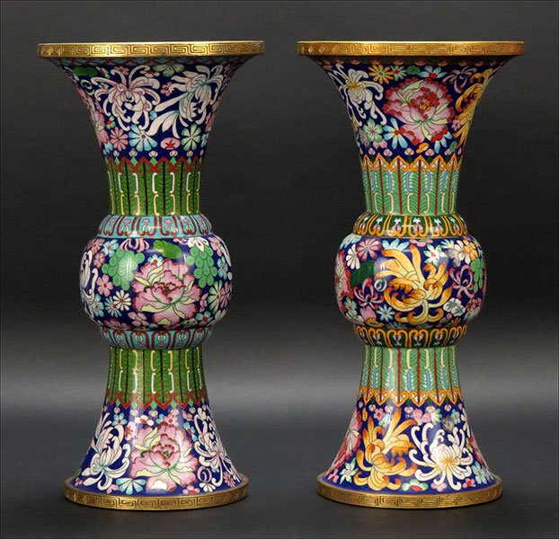 A Pair of Chinese Cloisonne 'Gu' or Beaker Form Vases.: A Pair of Chinese Cloisonne 'Gu' or Beaker Form Vases. Multicolor with foliate motif throughout 16" x 8"