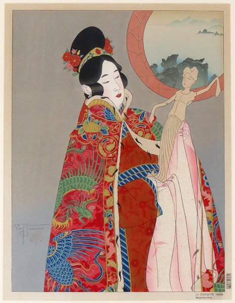 Paul Jacoulet (French/Japanese, 1902-1960) La Statuette: Paul Jacoulet (French/Japanese, 1902-1960) La Statuette Thang. Woodblock print. Pencil signed LL with red seal beneath. Titled LR Sight: 16.5" x 12.5" Frame: 24" x 20"