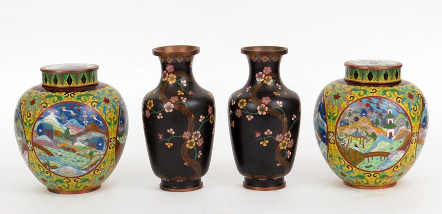 A Pair of Chinese Cloisonne Ginger Jars.: A Pair of Chinese Cloisonne Ginger Jars. Yellow ground with central medallions depicting village scenes. Together with a pair of Chinese black ground cloisonne vases (Height: 9") Ginger jars: 8" x 7"