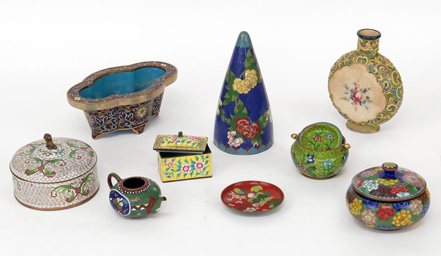 A Collection of Chinese Cloisonne Decorative Items.: A Collection of Chinese Cloisonne Decorative Items. Together with an enameled moon flask vase. Cloisonne comprises a wall pocket, a flower pot, two covered dishes, an ashtray, a box, a small plate, an