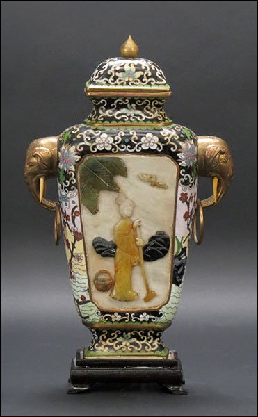 A Chinese Cloisonne Covered Urn.: A Chinese Cloisonne Covered Urn. Multicolor ground bearing a center medallion to the front and back with a hardstone design of female figures and elephant form handles with free moving rings 13.5" x 9