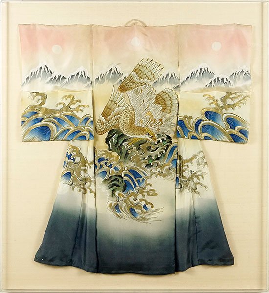 A Chinese Silk Robe.: A Chinese Silk Robe. Bearing handpainted decoration with embroidered detailing. Contained in an acrylic shadow box frame Robe: 39" x 35" Acrylic case: 45" x 41"