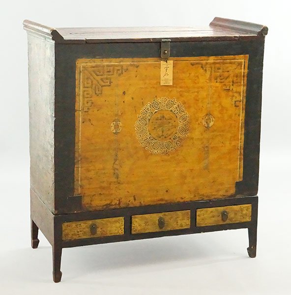 A 19th Century Mongolian Hand Painted Cabinet.: A 19th Century Mongolian Hand Painted Cabinet. Bearing a lift-top compartment and three drawers below 43" x 39" x 20"