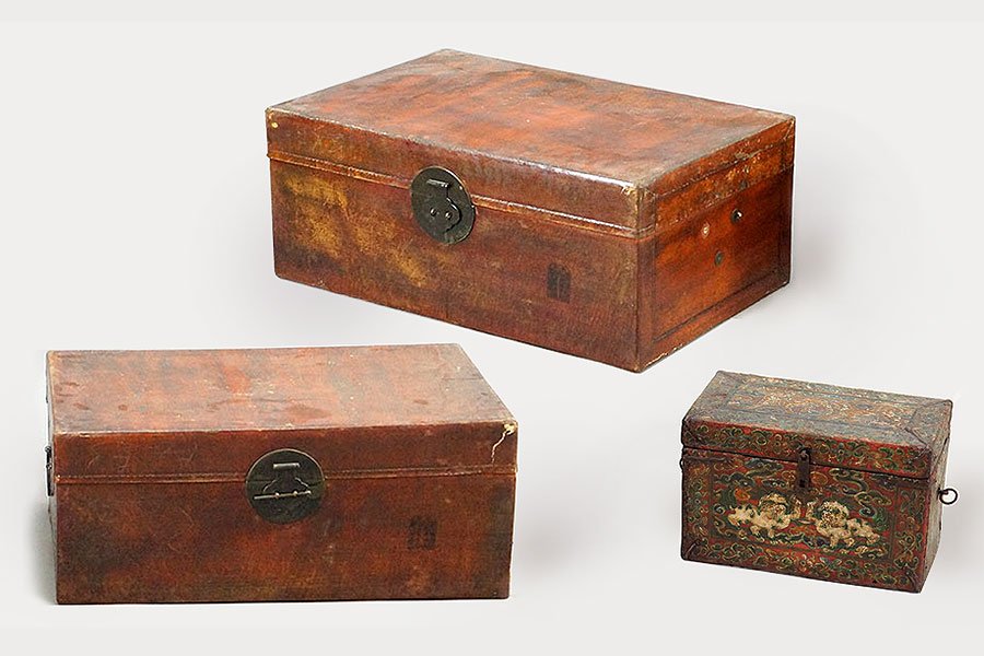 A Pair of Chinese Trunks.: A Pair of Chinese Trunks. Together with a Chinese painted papier mache trunk (11" x 16" x 9") Pair: 12" x 29" x 18.5"
