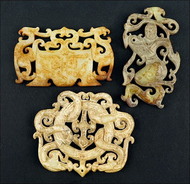 Three Chinese Carved Jade Panels.: Three Chinese Carved Jade Panels. Largest: 2.5" x 3"
