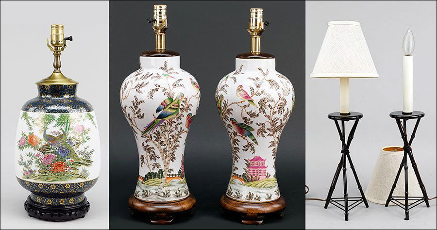 A Pair Of Frederick Cooper Porcelain Table Lamps.: A Pair Of Frederick Cooper Porcelain Table Lamps. Bearing Chinoiserie decoration. Together with a pair of Frederick Cooper metal faux bamboo form table lamps and a porcelain table lamp Frederick Coope